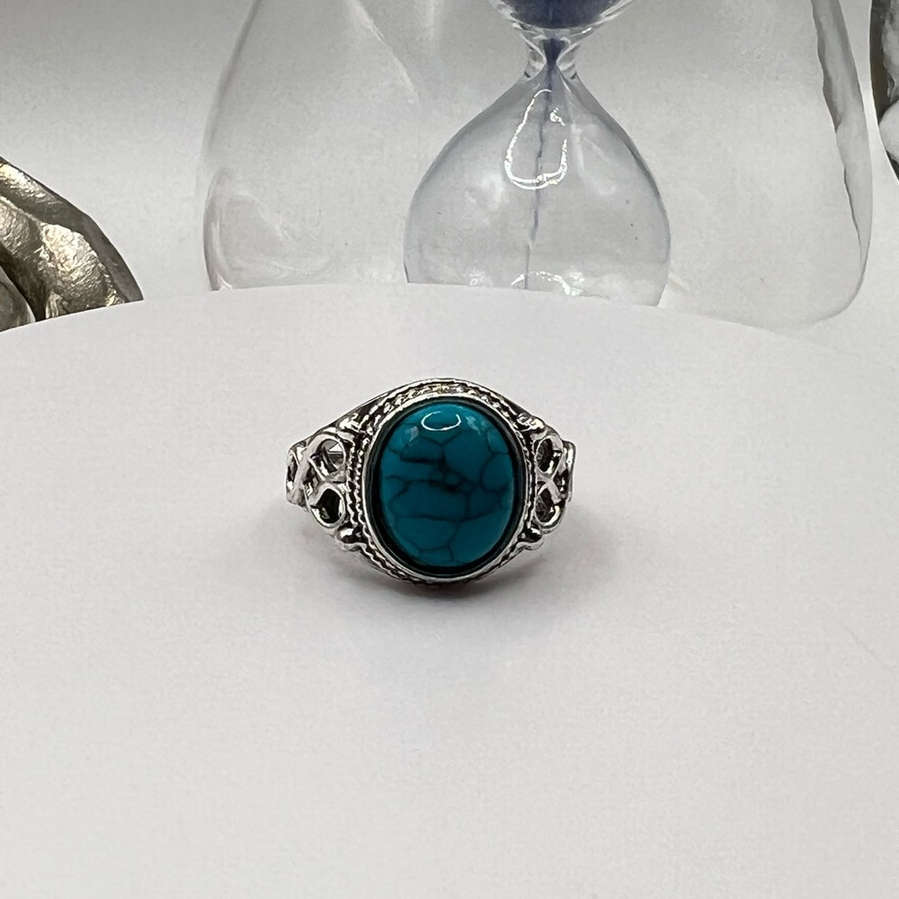 Stainless Steel Ring With Turquoise Colored Stone SZ‎ 7 NEW.